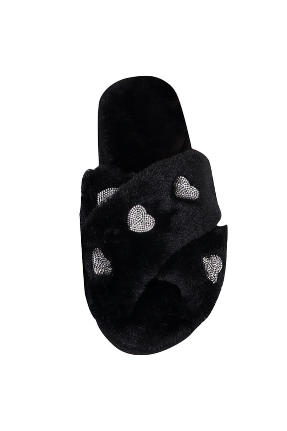 Women Fuzzy Slippers Open Toe Bright Diamond Heart House Slippers Soft Cotton Indoor Flip Flop Memory Foam Slip On Shoes Black 39