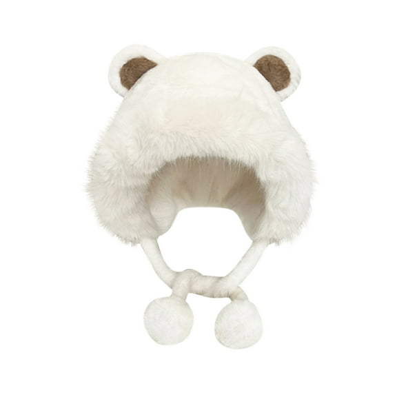 Tao Tao Women Fuzzy Winter Hat With Earflaps Y2k Faux Fur Cute Bear Ears Beanie Hat Fluffy Plush Windproof Hooded Cap White Free Size