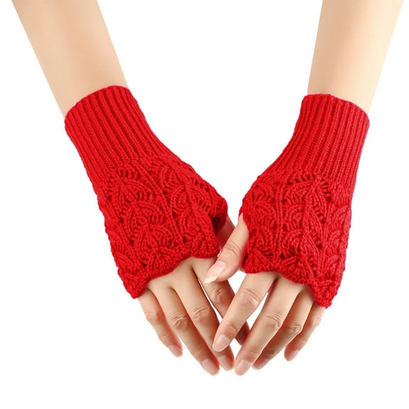 Tao Tao Women Knit Arm Warmer Fingerless Knit Gloves Winter Mitten Gloves Thumb Hole Gloves Winter Thick Warm Solid Color Arm Warmer Red Free Size