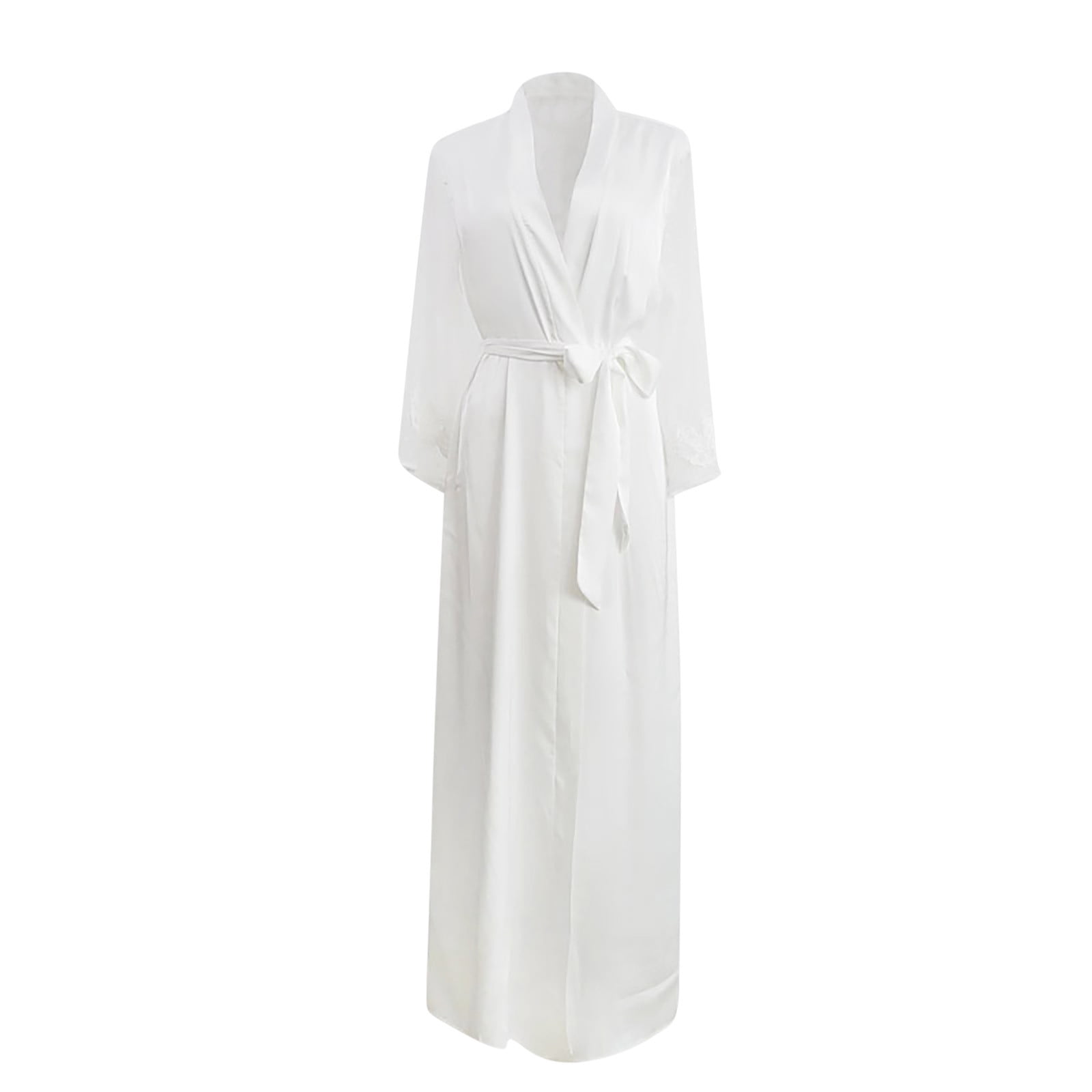 Women's White Satin Bridal Robe – Long Sleeve With Pearl Tulle, Floor Length, Belted, For Wedding Party & Photos