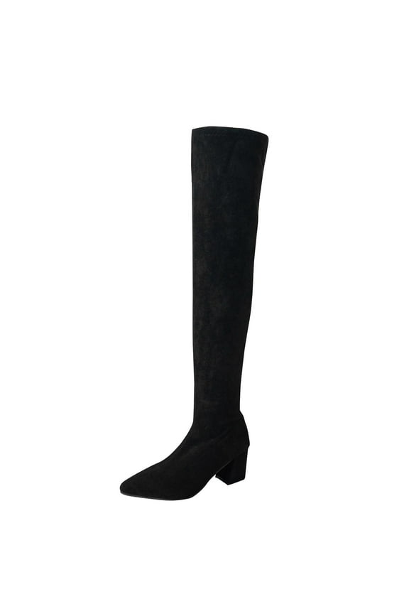 Women Over the Knee Boots Thigh High Suede Block Winter Low Above Flat Long Comfort Pointed toe Black 41