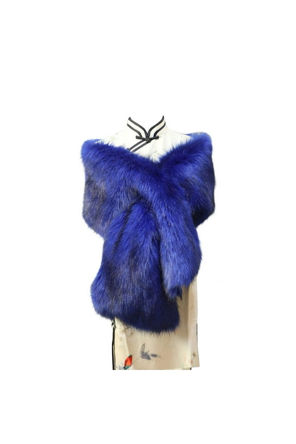 Women Plush Shawl Long Faux Fur Shawl Bridal Stole Cover Up Winter Soft Scarf Fluffy Warm Shoulder Cover Up Shrug For Stage Performance Scarves Blue Free Size