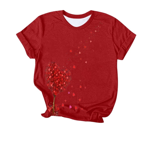 Tao Tao Women Printed T Shirts Short Sleeve Pullover Round Neck Lightweight T-Shirt Elastic Regular Fit Tops Valentine’s Day Heart Printed Tops Red S
