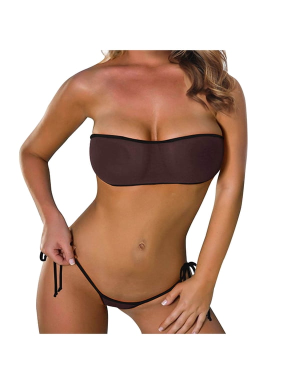 Women Sheer Bikini See Through Bikinis Bandeau Top Mini Brazilian Thong Bottom Micro Mesh Bathing Suit Black 2XL