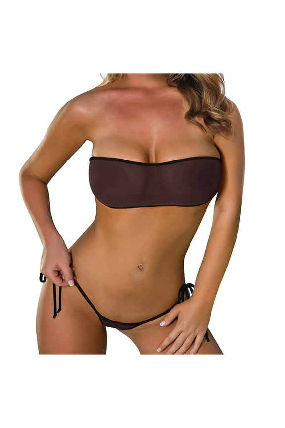 Women Sheer Bikini See Through Bikinis Bandeau Top Mini Brazilian Thong Bottom Micro Mesh Bathing Suit Black L