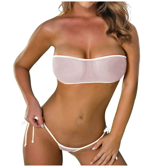 Tao Tao Women Sheer Bikini See Through Bikinis Bandeau Top Mini Brazilian Thong Bottom Micro Mesh Bathing Suit White 2XL
