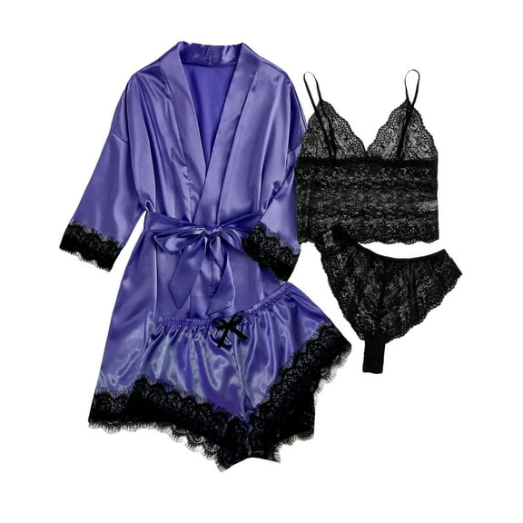 Tao Tao Women' Silk Satin Pajamas Set 4pcs Silky Long Sleeve Robe With Belt, Lace Camisole Vest And Thong And Shorts Satin Bridal Sleepwear Purple XL