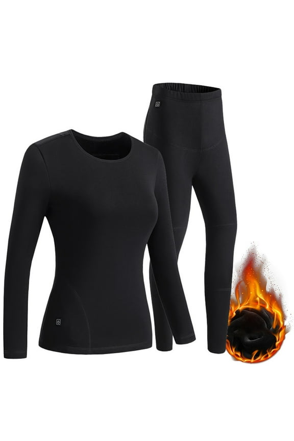 Women Solid Color Heated Underwear Thermal Set USB Electric Thermal With 3 Heating Levels For Motorcycle Riding Black L