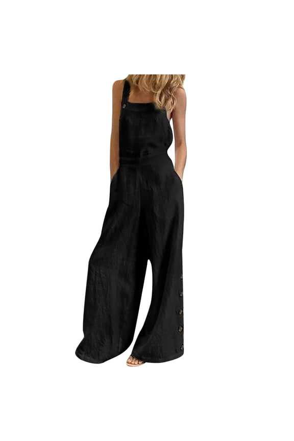 Women Solid Color Jumpsuits Casual Sleeveless Spaghetti Strap Rompers Baggy Bibs Overalls Wide Leg Pants Plus Size Black 2XL