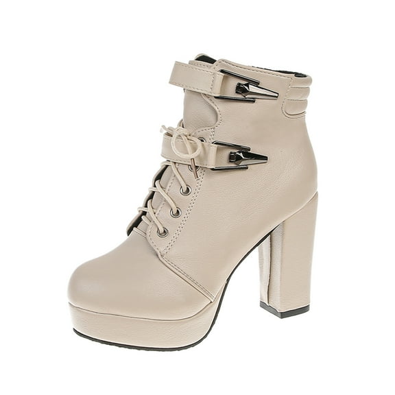 Tao Tao Women Square Toe Lace Up Platform Ankle Boots Block High Heel Side Zip Short Booties Beige 40