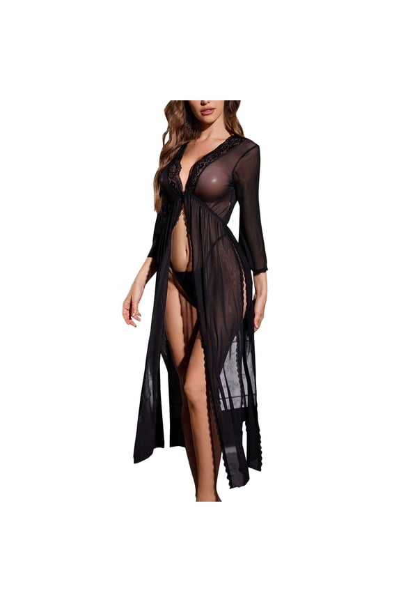 Women Underwear Lace Babydoll Chemise Fashion Mesh Nightdress Deep V Neck Nightwear Side Split Nightgown for Sex Play Black L