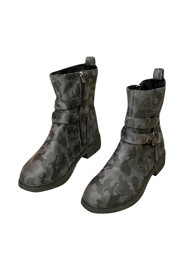 Women Warm Mid Calf Booties Casual Low Heel Zipper Boots Winter Shoes Camouflage Outdoor Walking Boot Gray 42