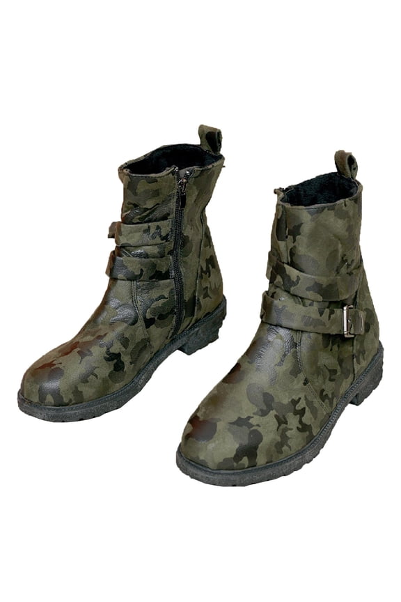 Women Warm Mid Calf Booties Casual Low Heel Zipper Boots Winter Shoes Camouflage Outdoor Walking Boot Olive Green 42