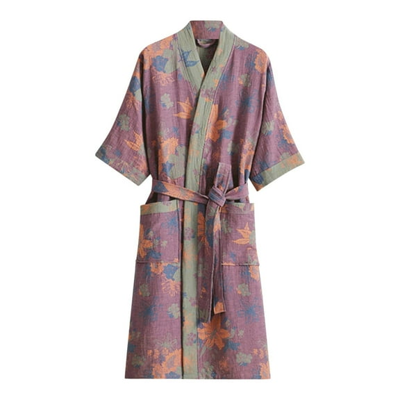 Tao Tao Women's Bathrobe Printed Long Sleeve Robe Soft Double-Layer Gauze Lightweight Midi Sleepwear Shower Kimono Robe Purple L