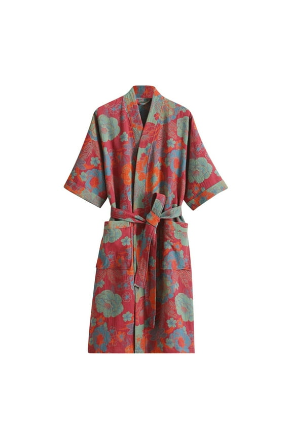 Women's Bathrobe Printed Long Sleeve Robe Soft Double-Layer Gauze Lightweight Midi Sleepwear Shower Kimono Robe Red M