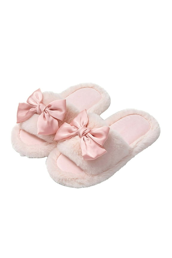 Women's Bow Tie Fuzzy House Slippers Open Toe Furry Plush Indoor Wedding Bride Slipper Shoes Pink 40