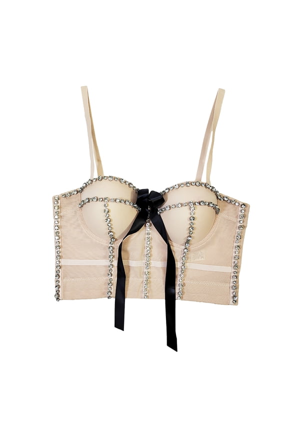 Women's Bow Tie Ribbon Rhinestone Bustier Corset Top, Spaghetti Straps Fashion Going Out Crop Tops Party Clubwear Beige S