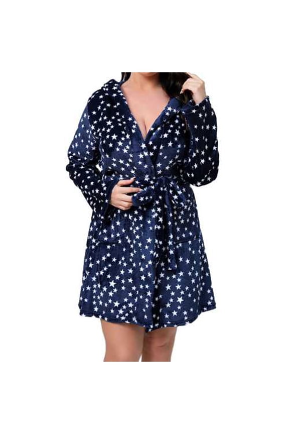 Women's Christmas Snowflake Elk Print Plush Robes Soft Bathrobe Knee Length Warm Fleece Loungewear with Pockets Blue XL