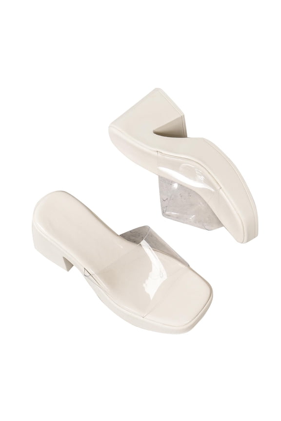 Women's Clear Wedge Heels Sandals Nude Square Open Toe Slip On Heeled Heels Summer Evening Party Wedding Prom Dress Slides Wedge Slippers Shoes White 36