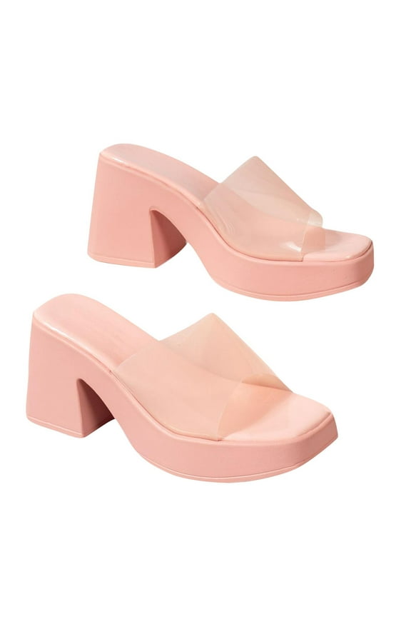 Women's Clear Wedge Heels Sandals Nude Square Open Toe Slip On Heeled Heels Summer Evening Party Wedding Prom Dress Slides Wedge Slippers Shoes Pink 39