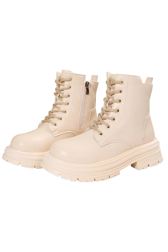 Women's Combat Boots Lace-Up Platform Ankle Booties Chunky Low Heel Side Zipper Shoes Beige 39