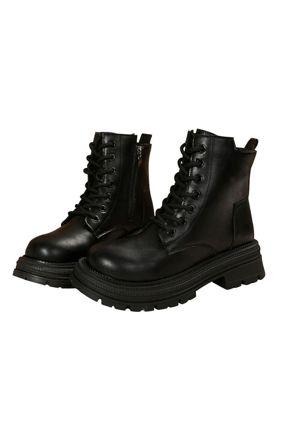 Women's Combat Boots Lace-Up Platform Ankle Booties Chunky Low Heel Side Zipper Shoes Black 36