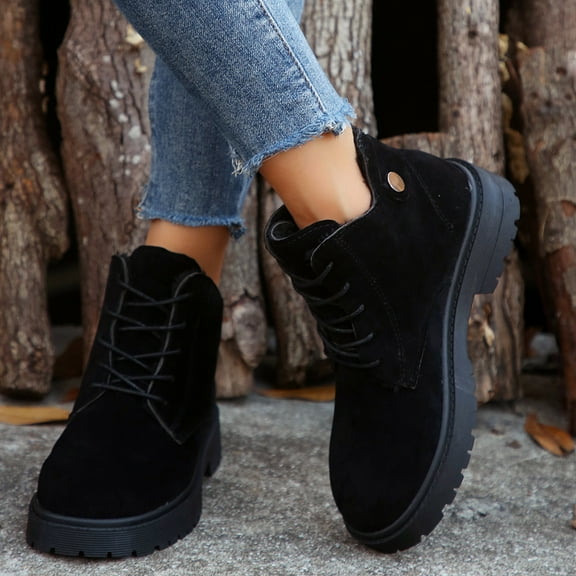 Tao Tao Women's Cozy Winter Ankle Boots Flock Faux Fur Lined Lace Up Warm Comfortable Short Booties Black 35