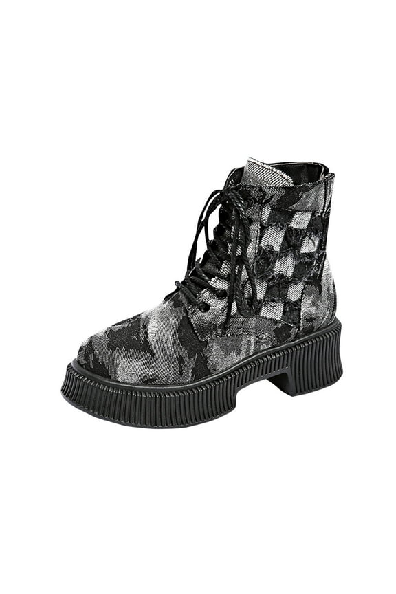 Women's Denim Leather Splice Chunky Heel Ankle Boots With Side Zipper Platform Block High Heel Lace Up Boots Lined Comfy Y2K Punk Motorcycle Short Booties Black 40