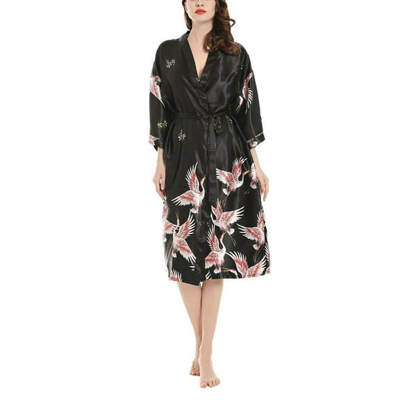 Tao Tao Women's Dressing Gown Kimono Bathrobe Long Satin Crane Robe Bridesmaid Nightwear Pyjamas Nightgown Black M