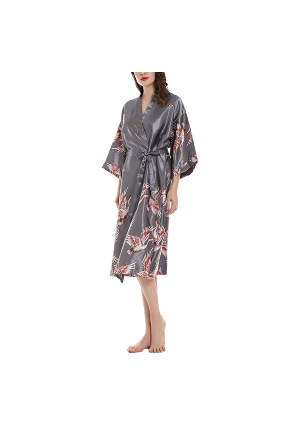 Women's Dressing Gown Kimono Bathrobe Long Satin Crane Robe Bridesmaid Nightwear Pyjamas Nightgown Gray S