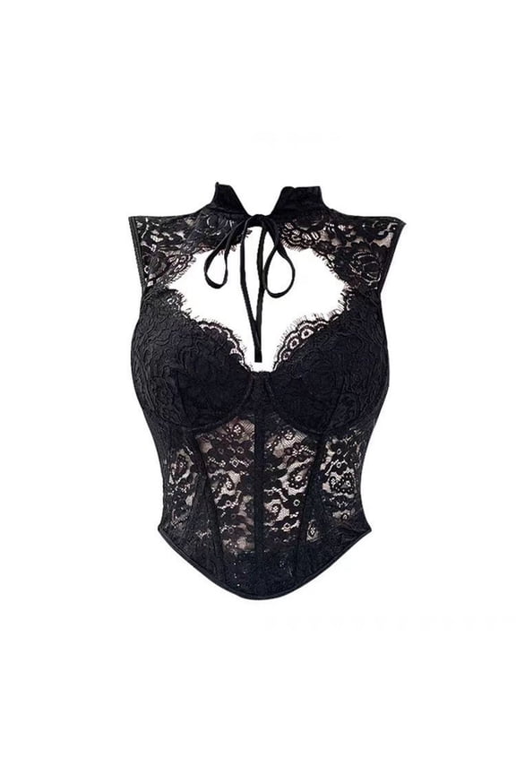 Women's Erotic Lace V Neck Top Boned Sleeveless Underbust Corset Bustier Lace Up Waist Cinching Corset Black S