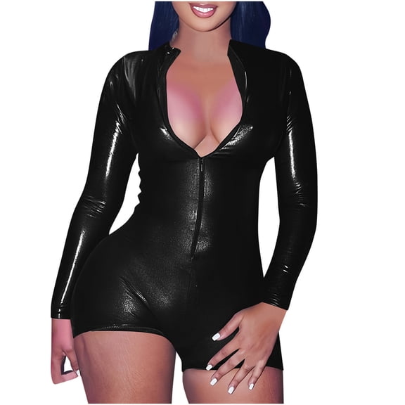 Tao Tao Women's Fashion Bodycon Jumpsuits Zipper Deep V Neck Bodysuit Faux Leather Long Sleeve Romper Shorts Party Clubwear Black S