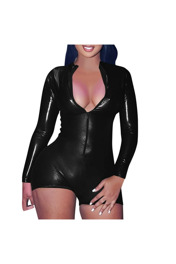 Women's Fashion Bodycon Jumpsuits Zipper Deep V Neck Bodysuit Faux Leather Long Sleeve Romper Shorts Party Clubwear Black S