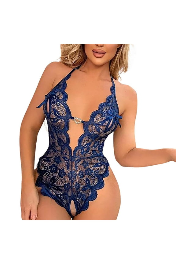 Women's Fashion Floral Lace Deep V Neck Harness Lingerie Bodysuit One Piece Teddy Babydoll Nightgown for Women Blue 2XL