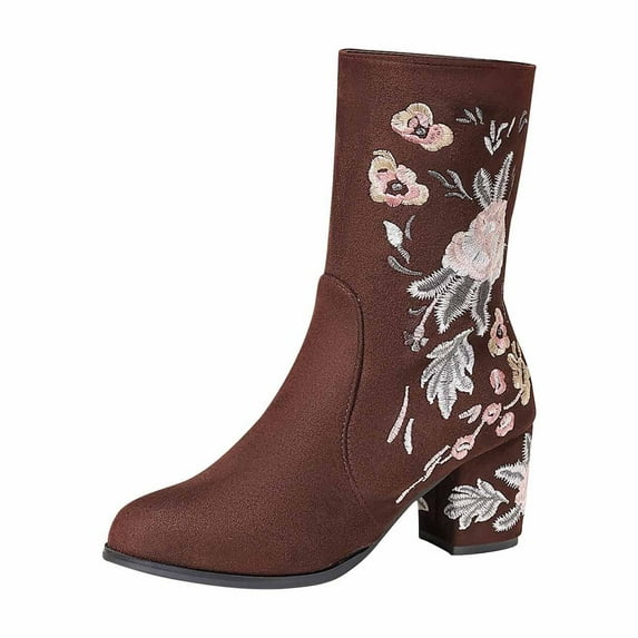 Tao Tao Women's Fashion Printing Zipper Leisure Spring Middle Mid Calf Boots Pump Heel Women's Western Boots Coffee 37