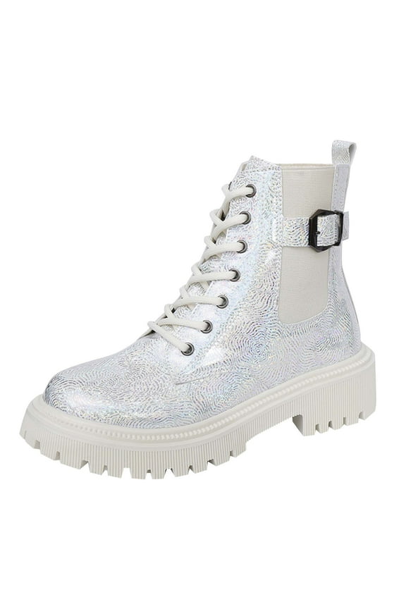 Women's Fashion Shiny Combat Work Boots Booties Glitter Sneakers Bling Ankle Boots Silver 39