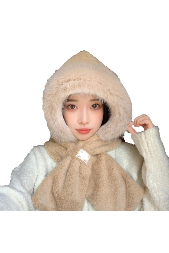 Women's Faux Fur Scarf Hat Set Winter Warm Windproof Cover Ears Beanie Hat Ear Flaps Ski Snow Hats Brown Free Size