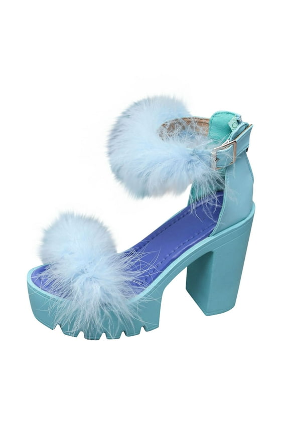 Women's Fluffy Feather Chunky Heel Shoes Open Toe Ankle Buckle Wedding Party Thick Soled Sandals Briday Party Gown Shoes Sky Blue 40