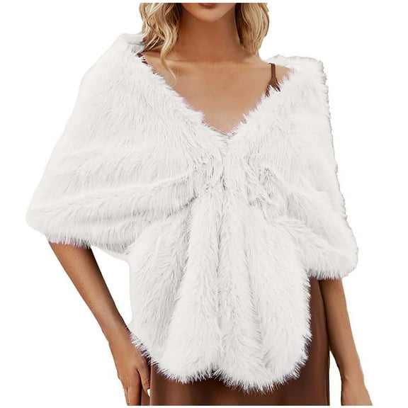 Tao Tao Women's Fluffy Wraps Shawl Shrug Soft Warm Scarf Cape Stole For Lady Wedding Dinner Party White Free Size