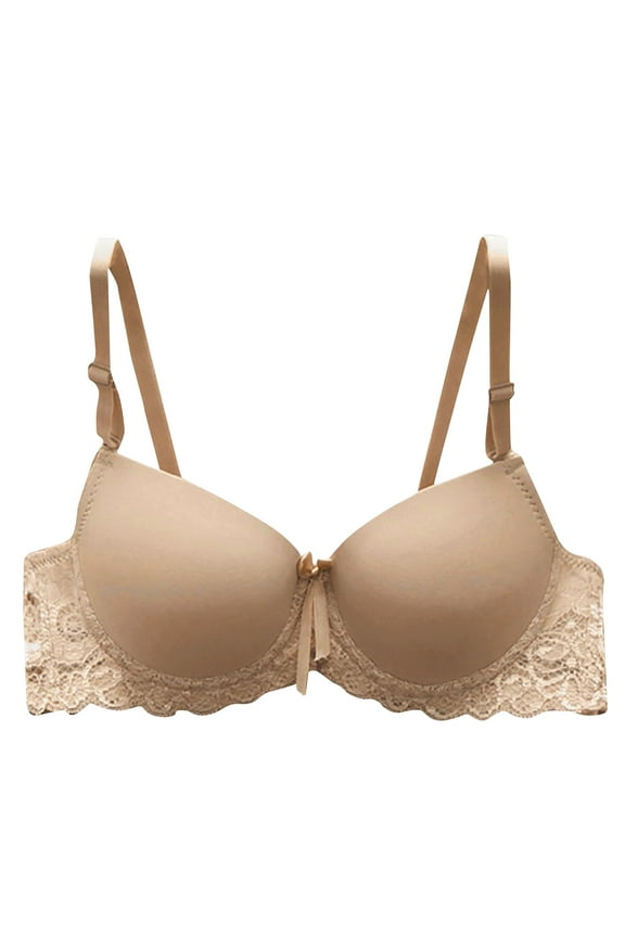 Women's Full Coverage Padded Bras - Wired T-Shirt Bras With Rose Lace Wings - Lace Band Push Up Bra Khaki S
