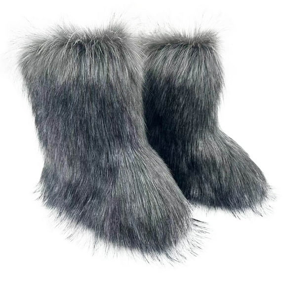 Tao Tao Women's Furry Faux Fur Boots Fuzzy Fluffy Mid Calf Snow Boots Suede Warm Fur Lined Booties Flat Fashion Boots Dark Gray 36