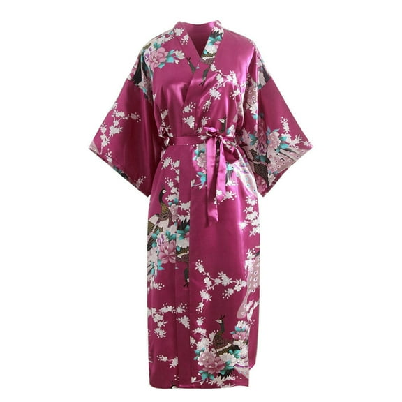 Tao Tao Women's Kimono Robe Long Satin Robes with Peacock and Blossoms Printed Kimono Nightgown Hot Pink