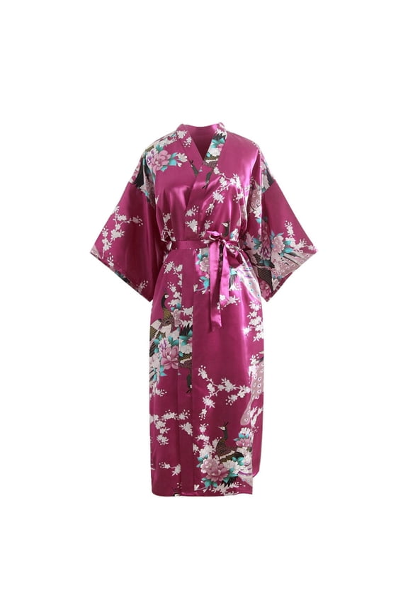 Women's Kimono Robe Long Satin Robes with Peacock and Blossoms Printed Kimono Nightgown Hot Pink