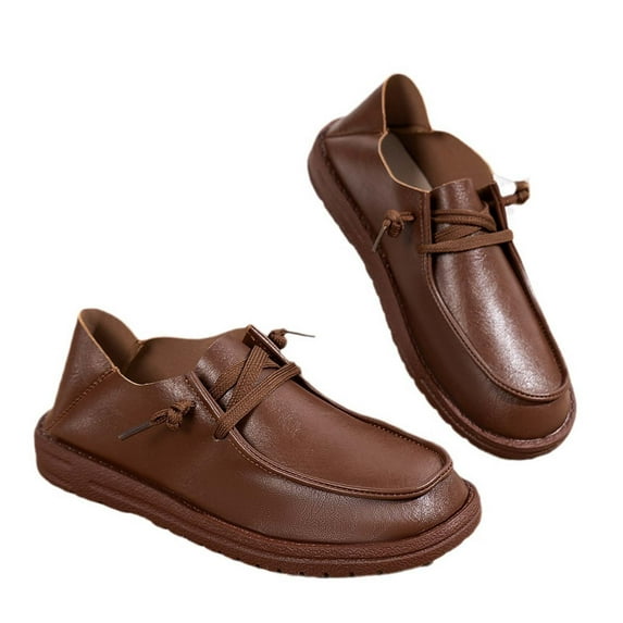 Tao Tao Women's Leather Elasticity Lace Up Platform Loafers Retro Round-Toe Beef Tendon Soft Sole Comfort Slip On Casual Walking Shoes Brown 38