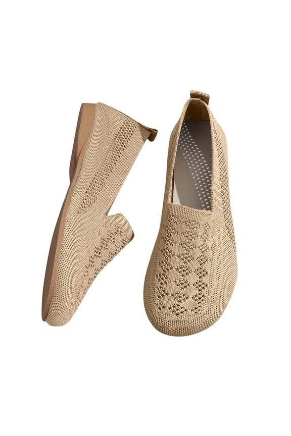 Women's Lightweight Knitted Loafers Comfortable Boat Shoes Solid Color Flat Shoes Breathable Shoes Khaki 36