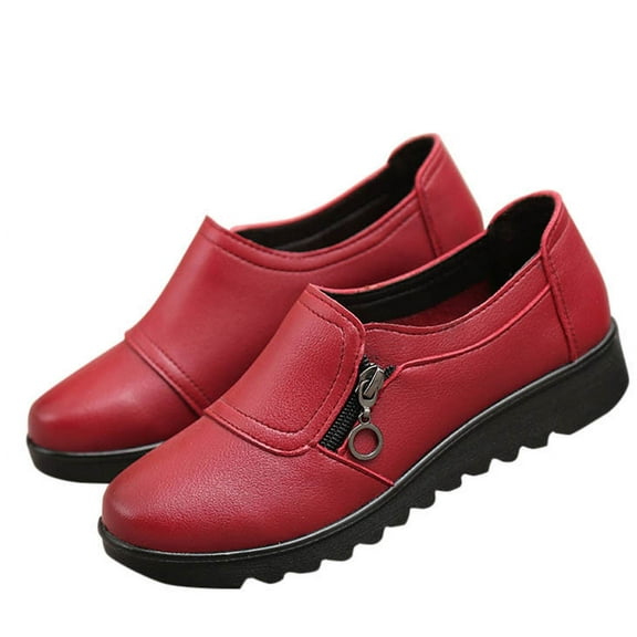 Tao Tao Women's Lightweight Nursing Shoes,Casual Comfort Softsole Side Zipper Orthotic Slip On Waterproof Work Wedge Shoes Red 35