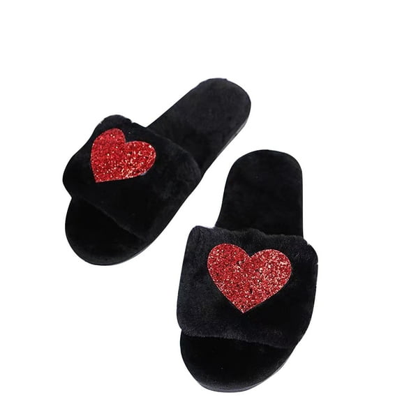 Tao Tao Women's Love Fuzzy Slippers Wide Width Ladies Casual Warm Shoes Fashion Soft Sole Non Slip Slippers Bedroom Slides Black 39