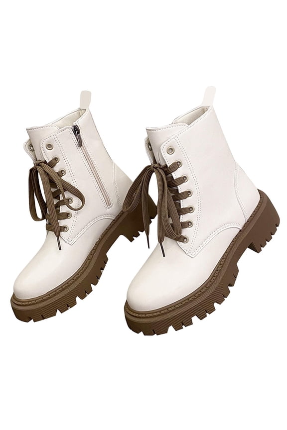 Women's Lug Sole Combat Ankle Boots Black Lace Up Mid Calf Booties with Side Zipper Platform Low Chunky Heel Winter Booties Beige 42