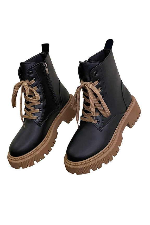 Women's Lug Sole Combat Ankle Boots Black Lace Up Mid Calf Booties with Side Zipper Platform Low Chunky Heel Winter Booties Black 38