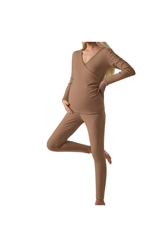 Women's Maternity Pajamas Set Long Sleeve Ribbed Pregnancy Tee Tops And Solid Color Pants Home Suit Set Khaki M